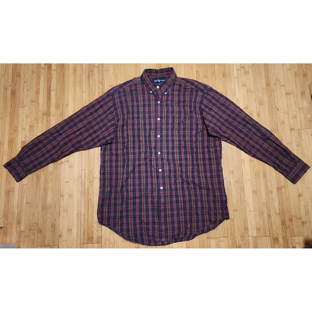 Polo Ralph Lauren Big Shirt Mens M Red Royal Stewart Plaid Button Down Pony VTG